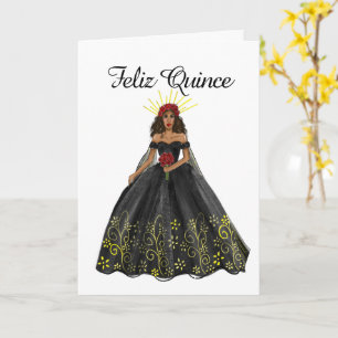 Black and Gold Quinceanera Dress Birthday Kaart