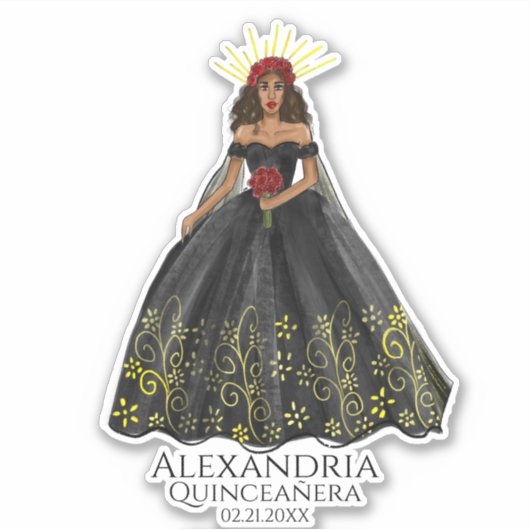 Black and Gold Quinceanera Dress Sticker (Voorkant)