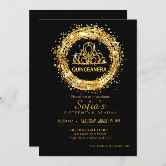 Black and Gold Quinceanera Glitter Tiara Kaart (Voorkant / Achterkant)