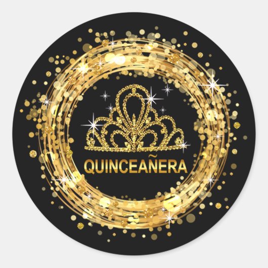 Black and Gold Quinceanera Glitter Tiara Ronde Sticker (Voorkant)