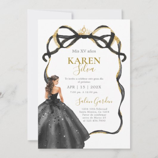 Black and Gold Quinceanera Invitation Kaart (Voorkant)