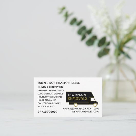 Black and Gold Removal Van, verwijderend bedrijf Visitekaartje (Staand voorkant)