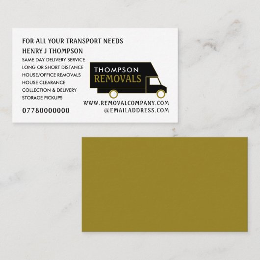 Black and Gold Removal Van, verwijderend bedrijf Visitekaartje (Voorkant / Achterkant)