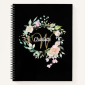 Black and Gold Rozen Floral Monogram Girly Script Notitieboek (Voorkant)