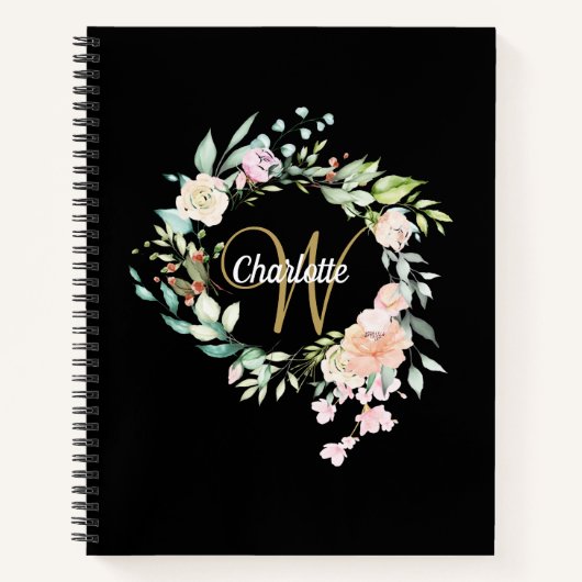 Black and Gold Rozen Floral Monogram Girly Script Notitieboek (Voorkant)