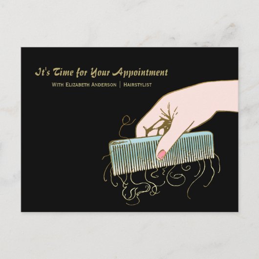 Black and Gold Salon Reminder  Comb Curls Briefkaart (Voorkant)