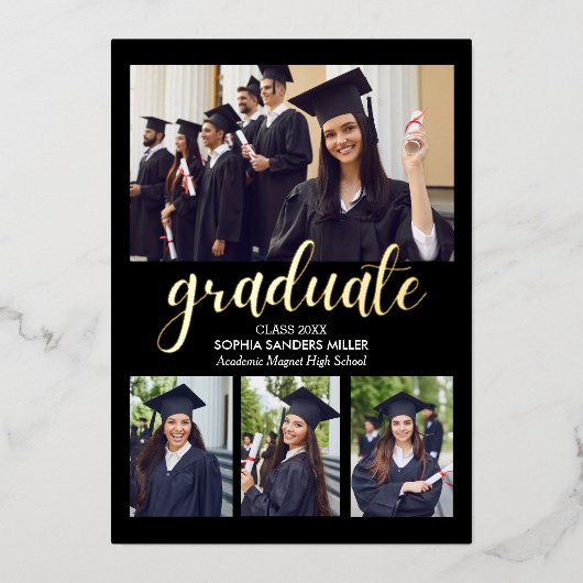 Black and Gold Script 4 photos Graduated Folie Uitnodiging (Voorkant)