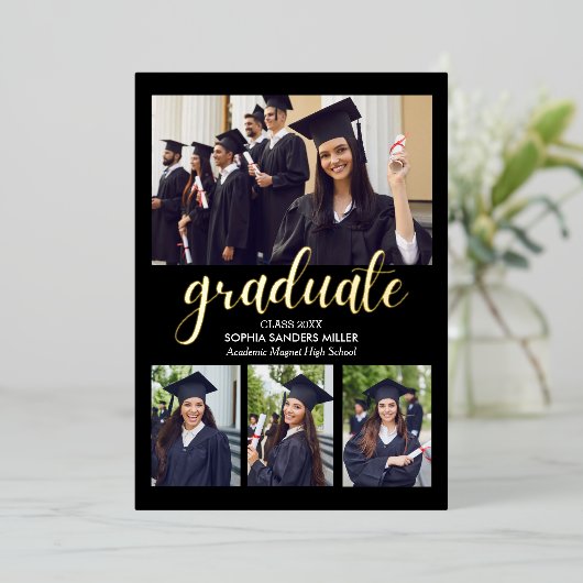 Black and Gold Script 4 photos Graduated Folie Uitnodiging (Staand Voorkant)