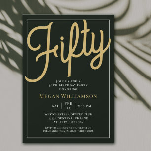 Black and Gold Script 50th Birthday Invitation Kaart