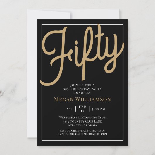 Black and Gold Script 50th Birthday Invitation Kaart (Voorkant)