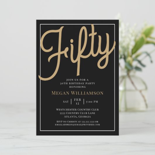 Black and Gold Script 50th Birthday Invitation Kaart (Staand voorkant)