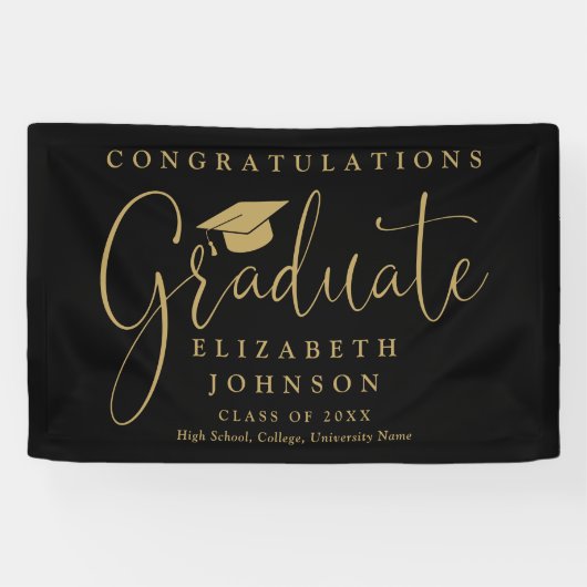 Black and Gold Script Graduation Party Spandoek (Horizontaal)