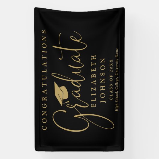 Black and Gold Script Graduation Party Spandoek (Verticaal)