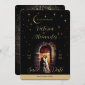 Black and Gold Script Modern Moody Whimsigoth Save The Date (Voorkant / Achterkant)
