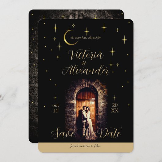 Black and Gold Script Modern Moody Whimsigoth  Save The Date (Voorkant / Achterkant)