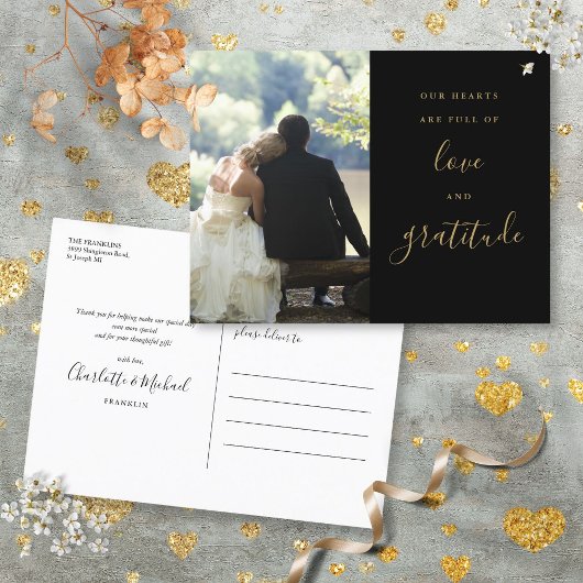 Black and Gold Script Photo Weddenschap Hartelijk Briefkaart