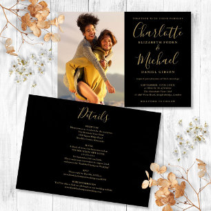 Black and Gold Script Photo Weduwen in één Kaart