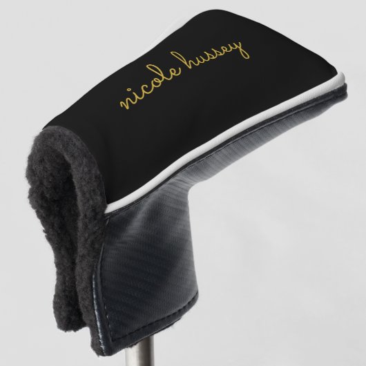 Black and Gold Script  | Stylish Monogram Modern Golfheadcover (3/4 voorkant)