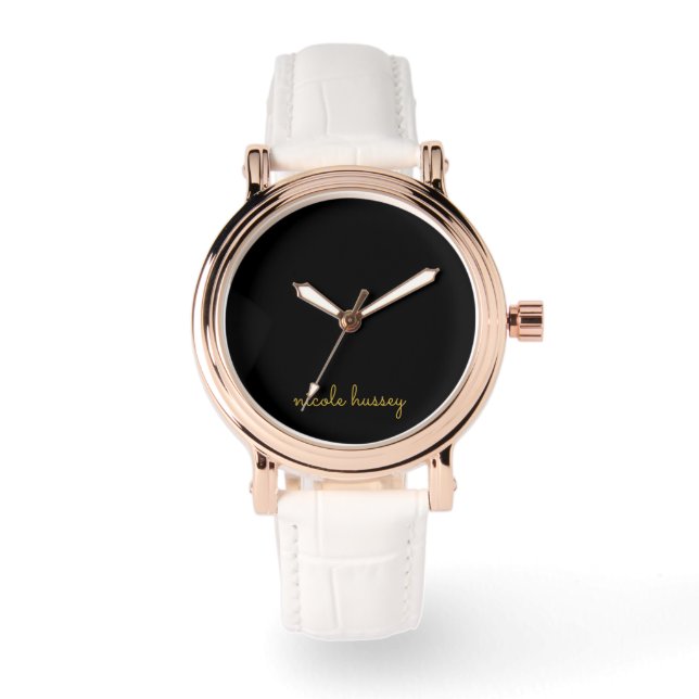 Black and Gold Script  | Stylish Monogram Modern Horloge (Voorkant)