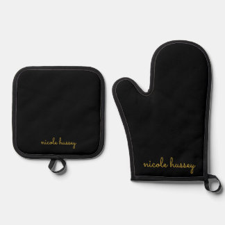 Black and Gold Script  | Stylish Monogram Modern Ovenwant & Pannenlap Set