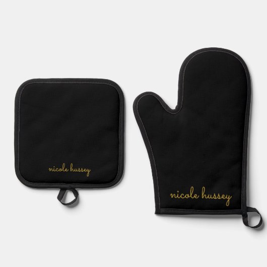 Black and Gold Script  | Stylish Monogram Modern Ovenwant & Pannenlap Set (Voorkant)