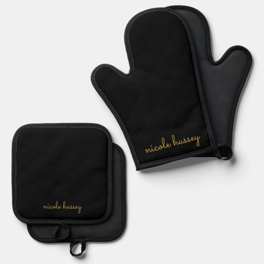 Black and Gold Script | Stylish Monogram Modern Ovenwant & Pannenlap Set (Voorkant / Achterkant)