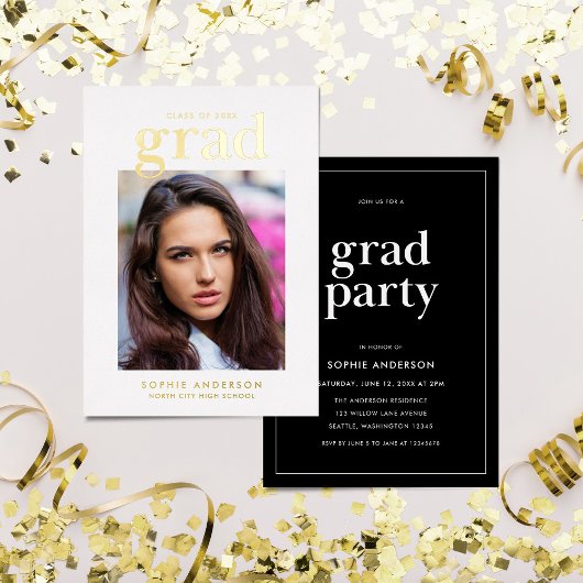 Black and Gold Serif Photo Graduparty Folie Uitnodiging