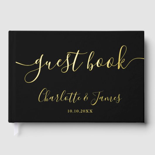 Black And Gold Signature Script Photo Wedding Gastenboek (Voorkant)