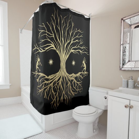 Black and Gold Silhouette Kokopelli Shower Curtain Douchegordijn (In situ)