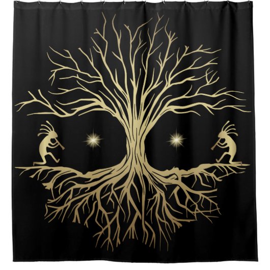 Black and Gold Silhouette Kokopelli Shower Curtain Douchegordijn (Voorkant)