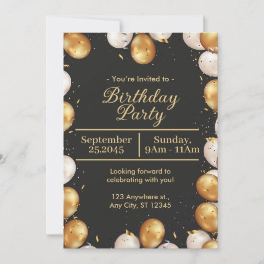 Black and Gold Simple Birthday Party card Kaart (Voorkant)