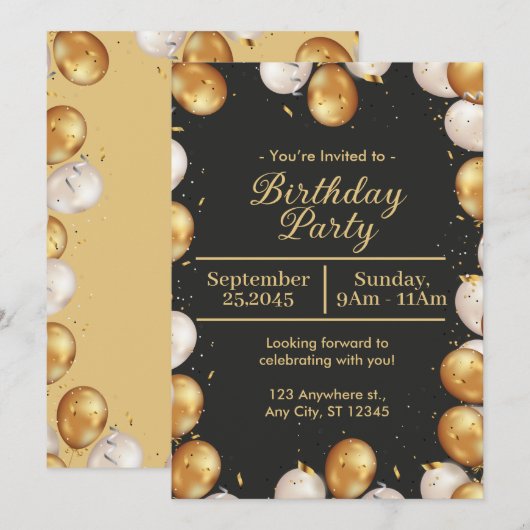 Black and Gold Simple Birthday Party card Kaart (Voorkant / Achterkant)