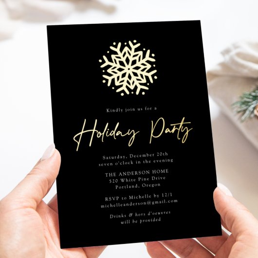 Black and Gold Simple Snowflake Holiday Party Folie Uitnodiging