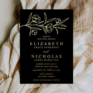 Black and Gold Sketched Floral Wedding Folie Uitnodiging