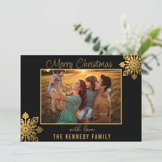 Black And Gold Snowflake Merry Christmas Photo Feestdagenkaart (Staand voorkant)