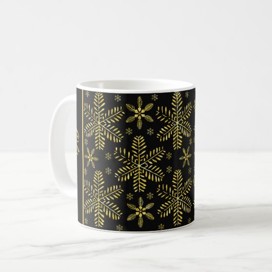 Black and Gold Snowflakes Christmas Mug with Name Koffiemok (Voorkant links)