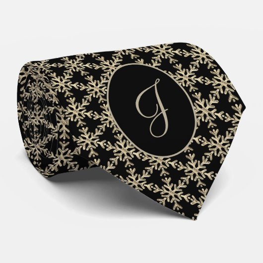 Black and Gold Snowflakes Pattern Monogramed Stropdas (Opgerold)