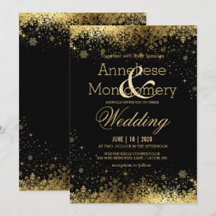 Black and Gold Snowflakes Wedding Kaart