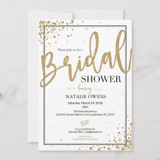 Black and Gold Sparkle Bridal Shower Uitnodiging (Voorkant)