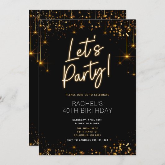 Black and Gold Sparkle Verjaardag Diner Uitnodigin Kaart (Voorkant / Achterkant)