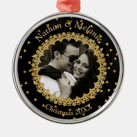 Black and Gold Sparkles Custom Photo Metalen Ornament (Voorkant)