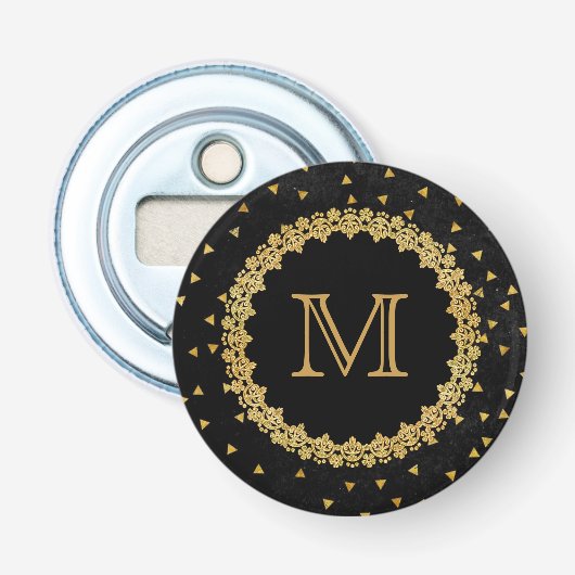 Black and Gold Sparkles Monogram Button Flesopener (Voorkant)