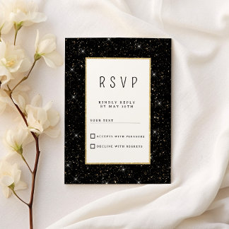 Black and gold sparkly glitter confetti RSVP Kaart