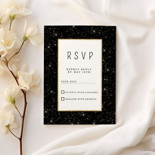 Black and gold sparkly glitter confetti RSVP Kaart