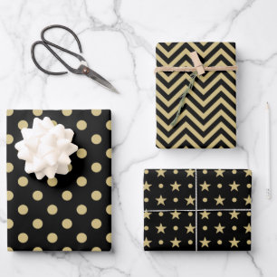 Black and Gold Spots ZigZag Stars Pattern Inpakpapier Vel