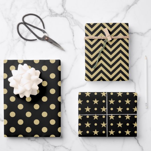 Black and Gold Spots ZigZag Stars Pattern Inpakpapier Vel (Voorkant)
