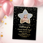 Black and Gold Stars Baby First Birthday Foto Folie Uitnodiging