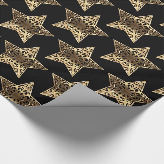 Black and Gold Stars Pattern Black Kerstchic Cadeaupapier (Hoek)