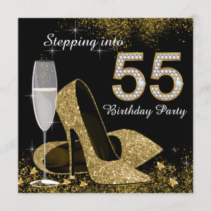 Black and Gold Stepping in 55th Birthday Party Kaart