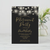 Black and Gold String Lights Pensioenfeest Kaart (Staand voorkant)